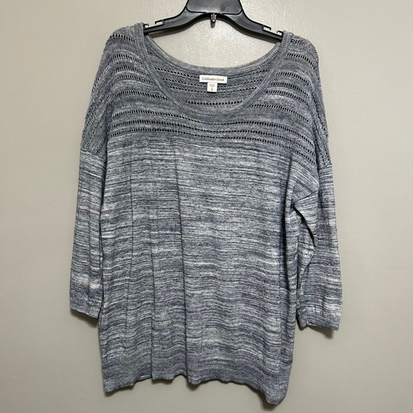 Coldwater Creek Sweaters - Coldwater Creek Sweater 1X 18 Blue Space Dye Crochet Yoke 3/4 Sleeve Coastal Fit